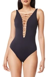 Bleu By Rod Beattie Rod Beattie Let's Get Knotty Lace Down One-piece Swimsuit In Black/ Rose Gold
