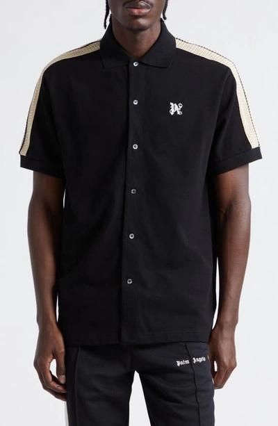 Palm Angels Monogram Track Short Sleeve Knit Button-up Shirt In Black Off White