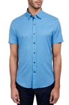 Construct Slim Fit Geometric Print Short Sleeve 4-way Stretch Performance Button-up Shirt In Blue