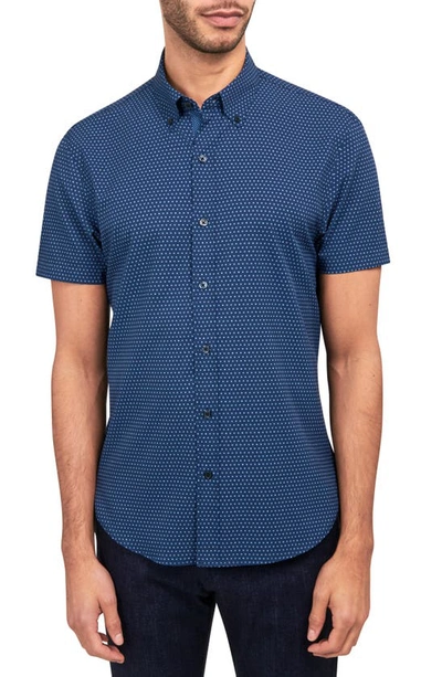Construct Slim Fit Dot Print Short Sleeve 4-way Stretch Performance Button-up Shirt In Navy