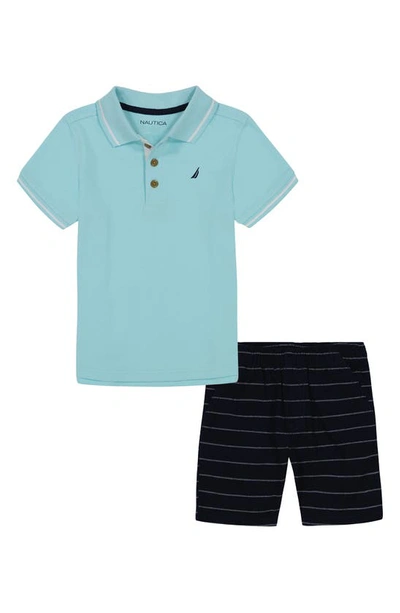 Nautica Kids' Little Boys Tipped Pique Polo Shirt And Oxford Stripe Shorts, 2 Pc Set In Aqua/ Black