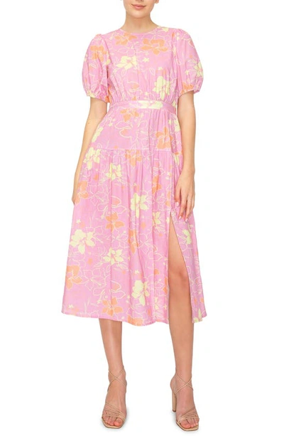 Melloday Tropical Print Puff Sleeve Midi Dress In Pink Brown