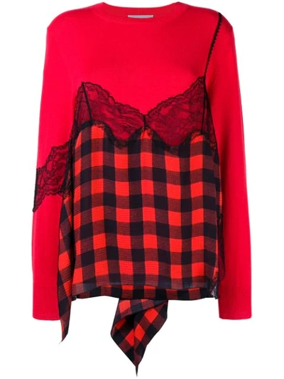 Preen By Thornton Bregazzi Caia Lace-trimmed Gingham Silk-jacquard And Wool-blend Sweater In Red