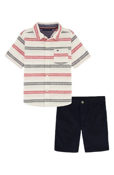 Tommy Hilfiger Kids' Toddler Boys Prewashed Multi Stripe Short Sleeve Shirt And Twill Shorts, 2 Piece Set In Navy