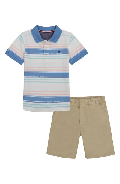 Tommy Hilfiger Kids' Stripe Polo & Shorts In White/ Blue/ Tan