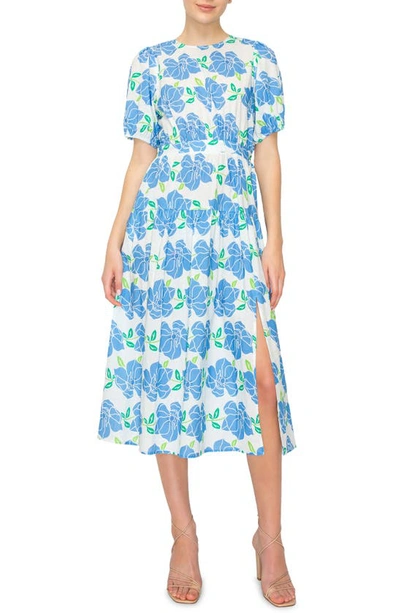 Melloday Tropical Print Puff Sleeve Midi Dress In White Blue Multi
