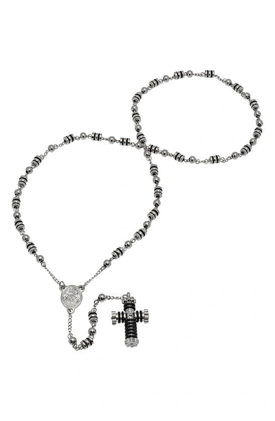 Hmy Jewelry Two-tone Rosary Cross Necklace In Metallic