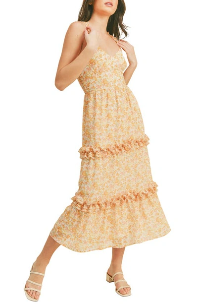 Lush Floral Ruffle Tiered Midi Dress In Yellow Floral