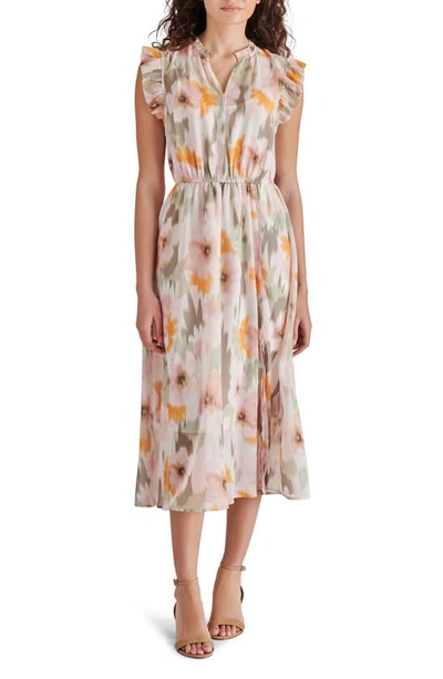 Steve Madden Allegra Blurred Floral Ruffle Midi Dress In Olive