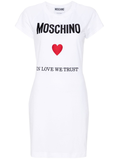 Moschino Logo-embroidered Cotton T-shirt Dress In White