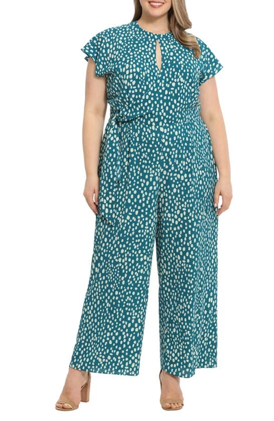 London Times Cap Sleeve Straight Leg Jumpsuit In Teal / Ivory
