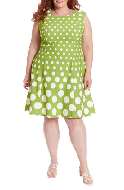 London Times Plus Size Polka-dot Fit & Flare Dress In Green/ White