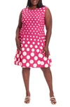 London Times Plus Size Polka-dot Fit & Flare Dress In Pink,ivory
