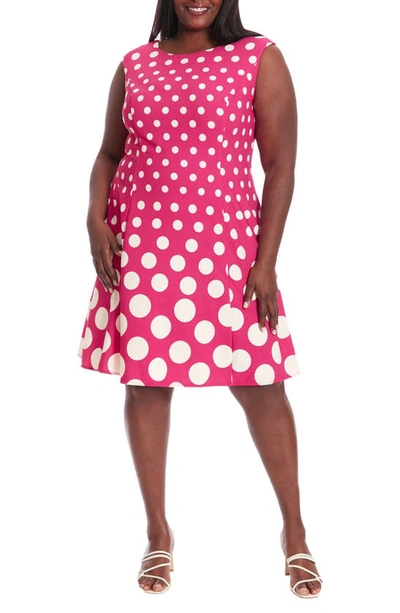 London Times Plus Size Polka-dot Fit & Flare Dress In Pink/ivory