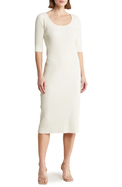 Vince Scoop Neck Elbow Length Sleeve Rib Dress In Off White