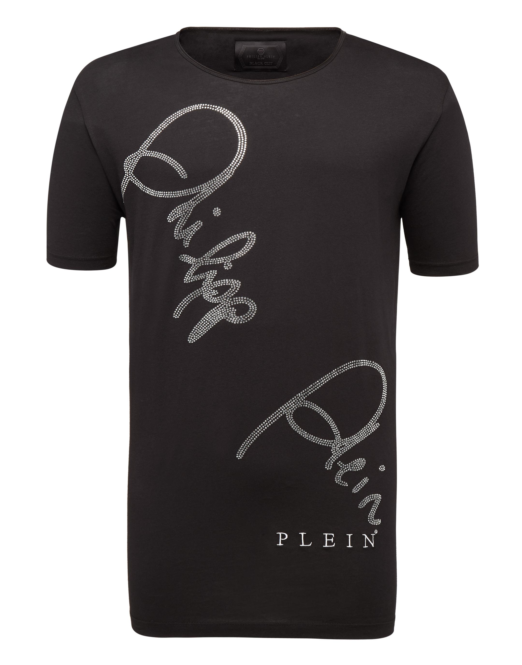 Philipp Plein T-shirt Black Cut Round Neck Live In Black/silver | ModeSens