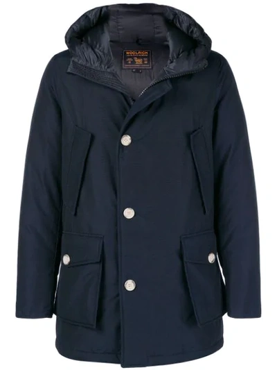 Woolrich Front Pocket Hooded Coat In Blue