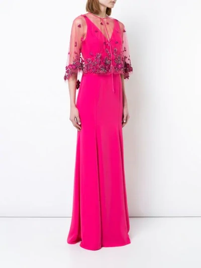 Marchesa Notte Floral Shawl Evening Dress In Pink