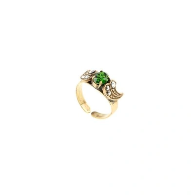 Halo & Co Green Crystal Ring In Antique Distressed Gold Colour Adjustable Shank