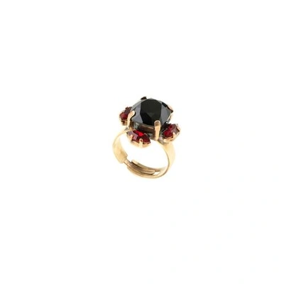 Halo & Co Jet And Garnet Crystal Ring Adjustable. In Antique Gold Tone