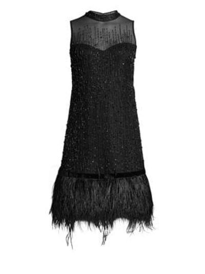 Elie Tahari Mirage Mock-neck Sleeveless Beaded Cocktail Dress W/ Ostrich Feather Hem In Black