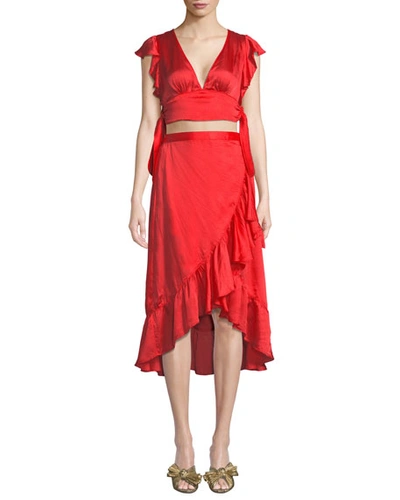 Saylor Amira V-neck Cutout-waist Asymmetric-ruffle High-low Satin Dress In Red