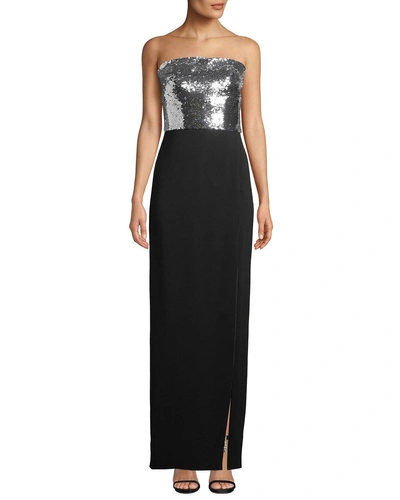 Monique Lhuillier Strapless Sequin-bodice Crepe Column Evening Gown W/ Slit In Black Pattern
