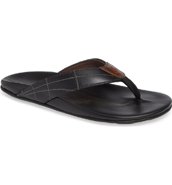 Olukai Men's Hokulea Kia Leather Flip-Flop Sandals In Black/ Black ...