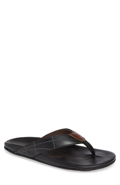 Olukai Men's Hokulea Kia Leather Flip-flop Sandals In Black/ Black