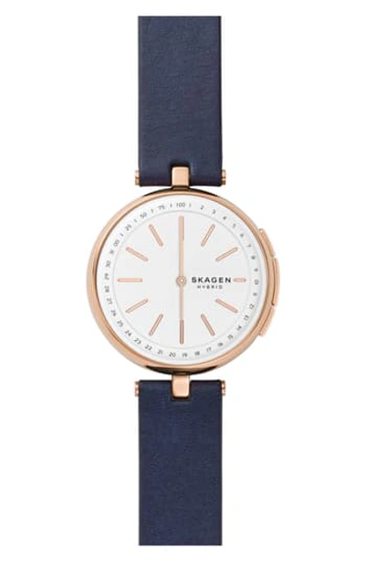 Skagen Signatur Connected T-bar Leather Strap Hybrid Smart Watch, 36mm In Blue/ Rose Gold