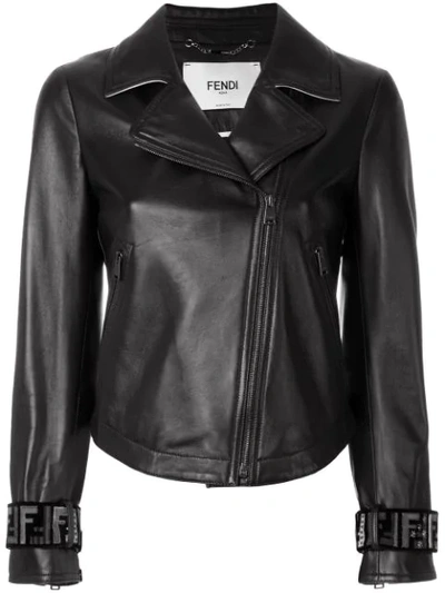 Fendi Leather Jacket With Faux Fur Logo Cuffs In Black