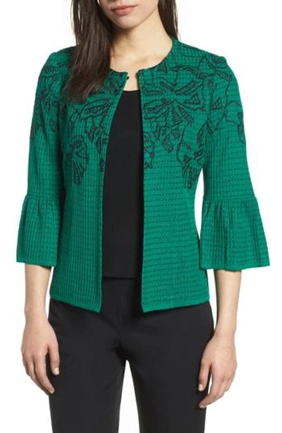 Ming Wang Embroidered Bell Sleeve Sweater Jacket In Pine/ Black