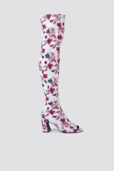Na-kd Open Toe Knee High Boots Multicolor In White Tulip Pattern