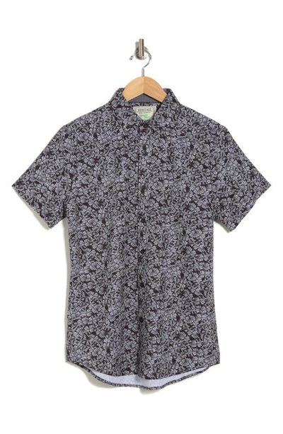 Report Collection Leaf Print Short Sleeve Stretch Button-up Shirt In Black
