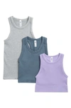 90 Degree By Reflex 3-pack Seamless Ribbed Racerback Tank Tops In Lavender/ China Blue/ Grey