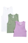 90 Degree By Reflex 3-pack Seamless Ribbed Racerback Tank Tops In Sheer Lilac/ Green Bay/ White