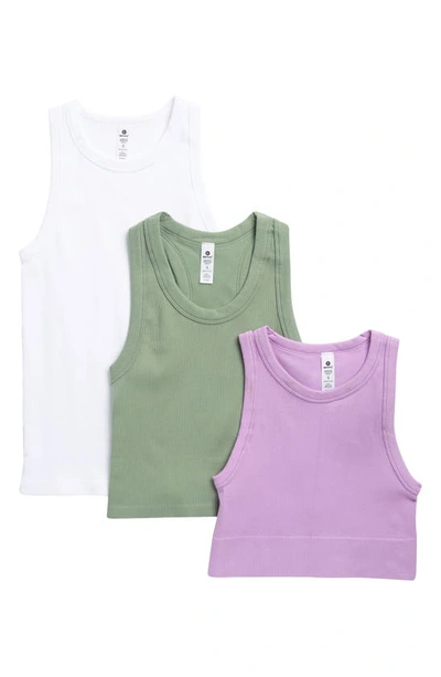 90 Degree By Reflex 3-pack Seamless Ribbed Racerback Tank Tops In Sheer Lilac/ Green Bay/ White