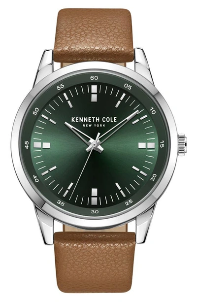 Kenneth Cole Three Hand Quartz Leather Strap Watch, 45mm In Tan/ Green
