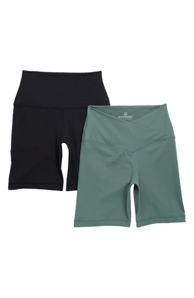90 Degree By Reflex 2-pack Lux Crossover High Waist Bike Shorts In Laurel Wreath/ Black
