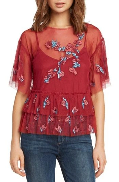 Willow & Clay Embroidered Ruffle Top In Scarlet