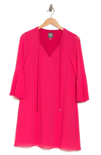 Vince Camuto Chiffon Pleated Bell Sleeve Dress In Hot Pink