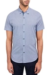 Construct Slim Fit Geometric Print Short Sleeve 4-way Stretch Performance Button-up Shirt In Blue/ White