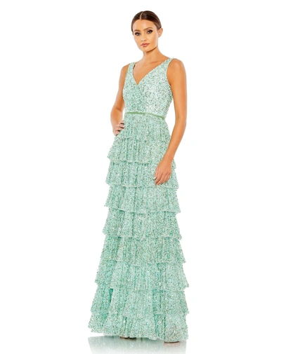 Mac Duggal Ruffle Tiered Sleeve Gown In Mint
