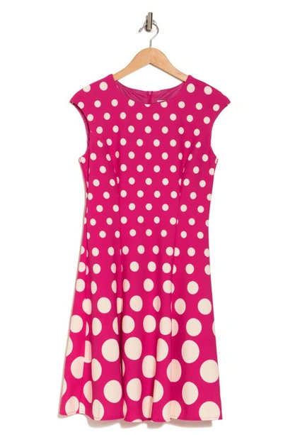London Times Dot Fit & Flare Dress In Pink/ Ivory