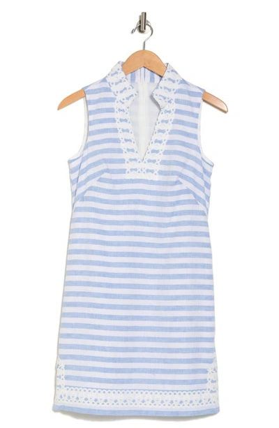Eliza J Stripe Sleeveless Linen & Cotton Shift Dress In Light Blue White