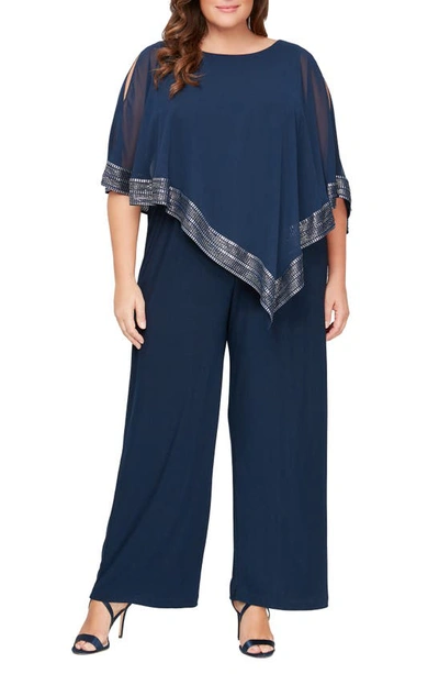 Sl Fashions Foil Trim Asymmetric Popover Jumpsuit In Navy