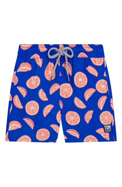 Tom & Teddy Kids' Citrus Print Swim Trunks In Cobalt & Pink