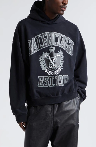 Balenciaga Diy Distressed Oversize Cotton Graphic Hoodie In Washed Black/ Black