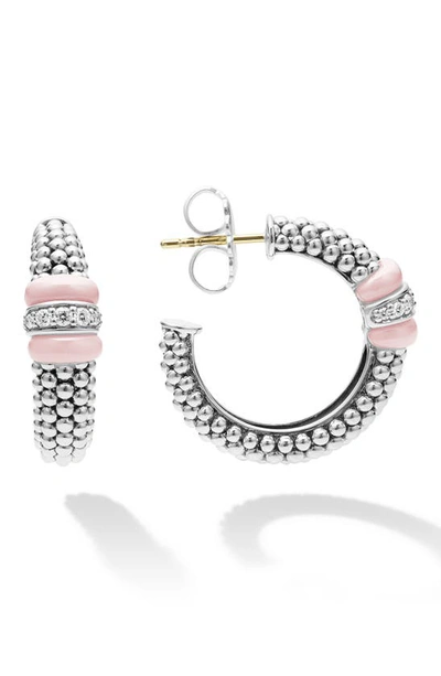 Lagos Pink Caviar Diamond Hoop Earrings In Silver