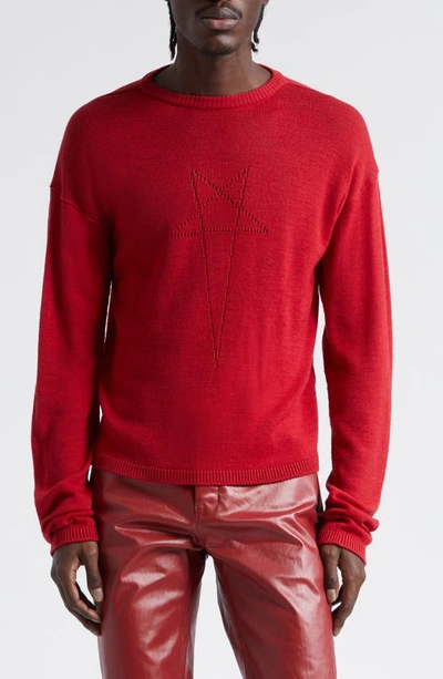 Rick Owens Maglia Penta Jacquard Virgin Wool Crewneck Sweater In Cardinal Red